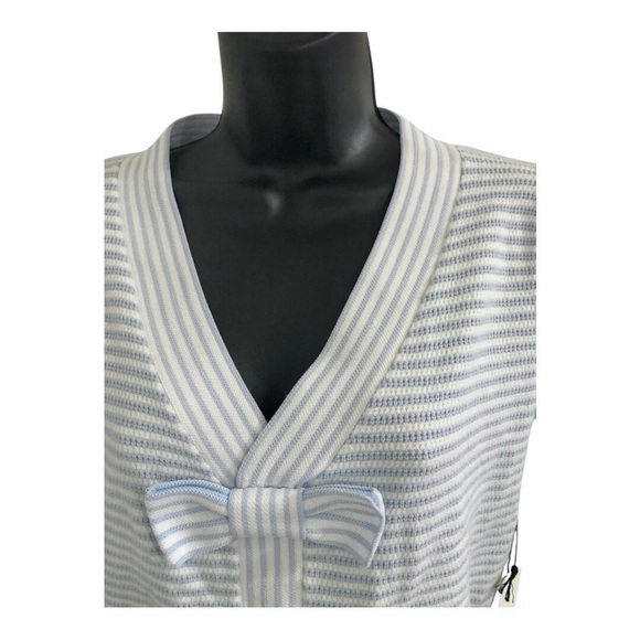 White blue striped bow front pleated puff shoulder short sleeve v-neck sweater - Picture 3 of 12